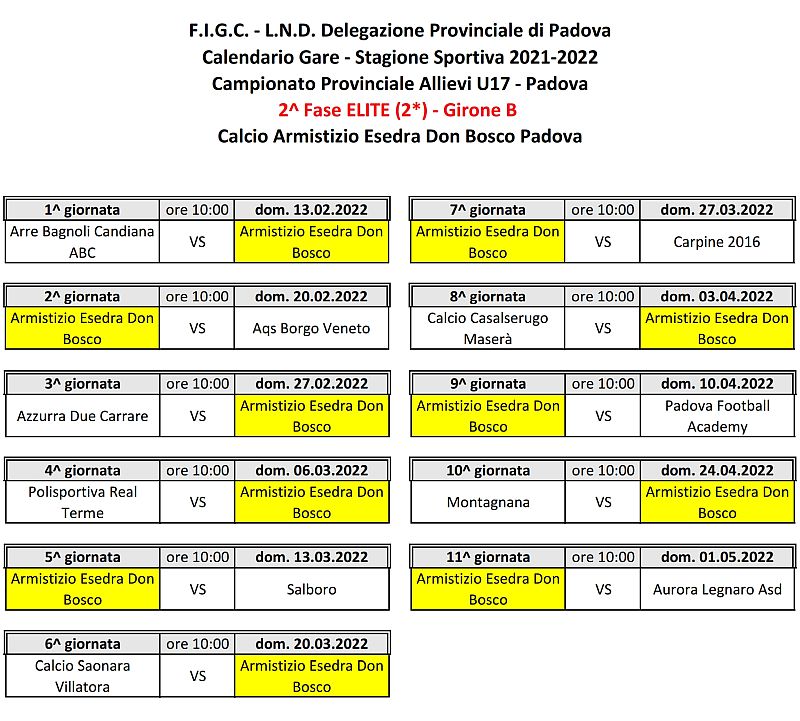 Padova Calendario Campionato Provinciale Allievi U17 - 2^ Fase ELITE  Girone B SS 2021-2022